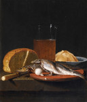 ₴ Купить натюрморт художника от 174 грн.: Скумбрия, хлеб, оловянная тарелка и бокал пива на столе
