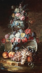 ₴ Купить натюрморт художника от 137 грн.: Цветы в вазе, с виноградом и персиками рядом с тарелкой