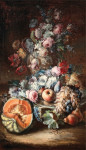 ₴ Купить натюрморт художника от 137 грн.: Цветы в вазе, с разбросанными фруктами и цветами