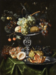 ₴ Репродукция натюрморт от 252 грн.: Виноград, гранат и персики в серебряной посуде