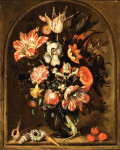 ₴ Репродукция натюрморт от 252 грн.: Цветы в стеклянной вазе в нише с вишнями, ракушками и ящерицей