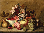 ₴ Репродукція натюрморт від 241 грн.: Квіти, чашка вишень, виноград та інші фрукти на кам'яному виступі
