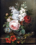₴ Репродукция натюрморт от 325 грн.: Цветы в хрустальной вазе с птичьем гнездом