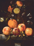 ₴ Репродукция картины натюрморт от 150 грн.: Сливы, апельсин, бабочка капустянка и цветы в стеклянной вазе на каменном выступе