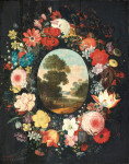 ₴ Репродукція натюрморт від 247 грн.: Овальний краєвид оточений гірляндою троянд, тюльпанів, жасмину та інших кольорів