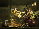 ₴ Репродукция картины натюрморт от 184 грн.: Дерущиеся кошки на столе, с серебрянными и золотыми сосудами заполненые артишоками