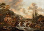 ₴ Репродукция картины пейзаж от 175 грн: Закат в лесном пейзаже с ручьем, водопадом и оживленной деревней