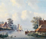 ₴ Репродукция пейзаж от 271 грн.: Голландский речной пейзаж с рыбацкими лодками