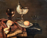 ₴ Репродукция картины натюрморт от 198 грн.: Клементин в фарфоровой миске, наутилус, ремер, два стакана, нож, очищенный лимон на декоративном ковре на столе