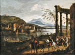₴ Репродукция картины пейзаж от 180 грн: Обширный итальянский речной пейзаж с руинами, портовыми сооружениями и большим наездником