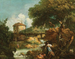 ₴ Репродукция картины пейзаж от 189 грн: Речной пейзаж с фигурами, водяная мельница в отдалении