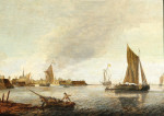 ₴ Купить картину море художника от 175 грн.: Прибрежный пейзаж с городом и кораблями в море