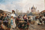 ₴ Картина городской пейзаж художника от 166 грн.: Цветочный рынок перед церковью Святого Чарльза в Вене