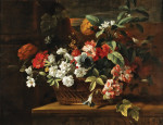 ₴ Репродукция натюрморт от 247 грн.: Смешанные цветы в корзине на выступе