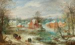 ₴ Репродукция пейзаж от 199 грн.: Зимний пейзаж с деревней и путниками на дороге