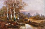 ₴ Репродукция пейзаж от 211 грн.: Осенний лесной пейзаж с двумя женщинами у открытого огня