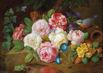 ₴ Репродукция картины натюрморт от 175 грн.: Розы, колокольчики, вики и первоцветы, окруженные птицей, полевой мышью и насекомыми