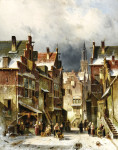 ₴ Репродукція картини міський краєвид від 247 грн.: Зимове голландське містечко з жінкою, що штовхає санки
