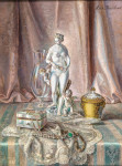 ₴ Репродукция картины натюрморт от 153 грн.: Мейсенская фарфоровая статуэтка Венера с амурами и фарфоровой коробочкой с желтым фоном и головкой барана