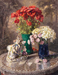 ₴ Репродукция картины натюрморт от 146 грн.: Луговые цветы в двух вазах и фарфоровая Европа на быке