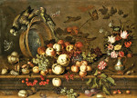 ₴ Репродукция картины натюрморт от 229 грн.: Фрукты, опрокинутая корзинка и букет цветов в вазе