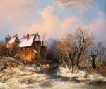 ₴ Репродукция картины пейзаж от 202 грн.: Зимний пейзаж с замерзшим прудом, путешественники около гостиницы