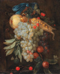 ₴ Репродукция натюрморт от 318 грн.: Висячий букет фруктов, включая виноград, грушу и кукурузу в початках, с бабочками