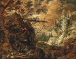 ₴ Картина пейзаж художника от 186 грн.: Скалистый лесной пейзаж с водопадом