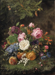₴ Репродукция натюрморт от 200 грн.: Красочный букет цветов и разных фруктов на лесной подстилке