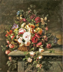₴ Репродукция натюрморт от 223 грн.: Корзина с розами на садовой скамейке
