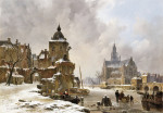 ₴ Картина городской пейзаж художника от 170 грн.: Зимний вид на город с замерзшим водным путем