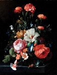 ₴ Репродукция натюрморт от 252 грн.: Роза, мак, ракушка и другие цветы в стеклянной вазе на выступе, с улитками