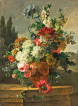 ₴ Картина натюрморт художника от 153 грн.: Цветы в терракотовой вазе на каменном выступе на фоне пейзажа