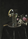 ₴ Репродукция натюрморт от 204 грн.: Ремер на оловянной тарелке, цветы в серебряной вазе с ушками, на драпированном столе
