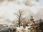 ₴ Репродукция пейзаж от 235 грн.: Зимний пейзаж с фигурами на дороге у ветряной мельницы