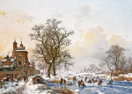 ₴ Картина пейзаж художника от 175 грн.: Зимний пейзаж с конькобежцами возле замка