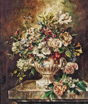₴ Репродукция цветочный натюрморт от 296 грн.: Розы, незабудки, тюльпаны и другие цветы в вазе на мраморном цоколе