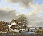 ₴ Картина пейзаж художника от 200 грн.: Конькобежцы и санки на замерзшей реке