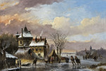 ₴ Картина пейзаж художника от 168 грн.: Замерзший канал с конькобежцами и палатка с едой