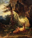 ₴ Картина бытового жанра известного художника от 180 грн.: Лань с олененком перед скалой