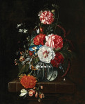 ₴ Картина натюрморт известного художника от 183 грн.: Цветы в стеклянной чаше на каменном выступе с бабочками