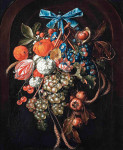 ₴ Картина натюрморт известного художника от 183 грн.: Гортензии, ипомея, тюльпан-попугай и другие цветы с виноградом, апельсинами, вишней, ежевикой, початками, мушмулами и каштанами, с двумя улитками, свисающими с синего банта