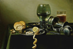 ₴ Репродукция натюрморт от 217 грн.: Ремер, перевернутый оловянный кувшин, оливки, частично чищенный лимона на оловянной тарелке