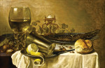 ₴ Репродукция натюрморт от 211 грн.: Селедка, ремер, солонка, перевернутый стакан, орехи, нож и лимон на задрапированном столе