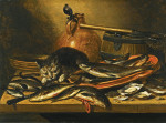 ₴ Репродукция натюрморт от 235 грн.: Пресноводная рыба, кошка, кувшин, бочка и маленькая сеть на столе