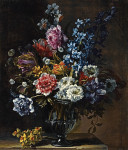 ₴ Репродукция натюрморт от 365 грн.: Тюльпан, гиацинты и другие цветы в стеклянной вазе на каменном постаменте