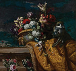 ₴ Репродукція натюрморт від 289 грн.: Тюльпан, гортензія та інші квіти в золотій урні та мавпочка