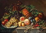 ₴ Репродукция натюрморт от 301 грн.: Роскошный фруктовый натюрморт с виноградом, яблоками, персиками, черносливом и тыквой