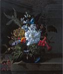 ₴ Репродукция натюрморт от 228 грн.: Дурман, кактус, ветка фиги, жимолость и другие цветы в голубой вазе покоится на выступе