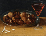 ₴ Картина натюрморт відомого художника від 247 грн.: Страва з каштанів та волоських горіхів, склянка червоного вина та цукрова паличка